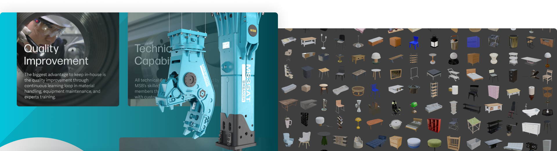 산업 장비와 기술 개선을 강조하는 이미지, 품질 향상과 기술 역량에 대한 설명과 함께 대형 기계 부품이 강조됨. 오른쪽에는 다양한 가구 모델들이 배열된 디지털 3D 카탈로그가 표시됨