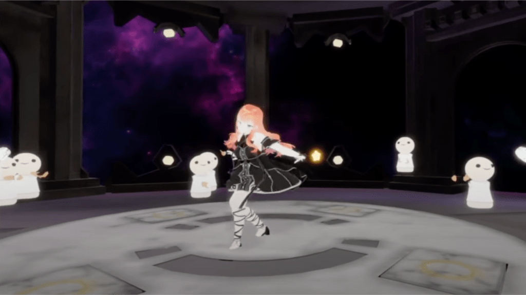 가상현실(VR) 무대에서 공연 중인 여성 캐릭터, 배경에는 신비로운 우주 테마와 귀여운 흰색 마스코트 캐릭터들이 배치된 디지털 공연 장면