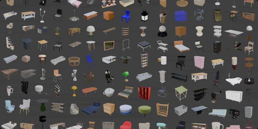다양한 가구와 소품 모델이 나열된 디지털 카탈로그 이미지, 의자, 테이블, 램프, 침대, 서랍장 등 다양한 디자인과 형태의 가구 및 인테리어 소품이 배열되어 있음