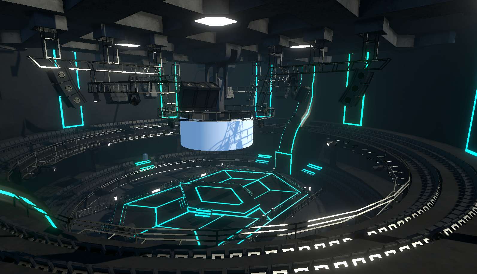 첨단 기술로 구성된 가상현실(VR) 콘서트 무대, 중앙에 네온 라이트와 디지털 스크린이 설치된 원형 공연장 구조로 미래 지향적 디자인이 강조된 공간